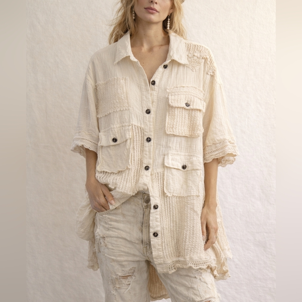 POL Rare Cream Patchwork Textured Oversized Shacket / Top, S, Boho, Ethereal - Picture 2 of 9